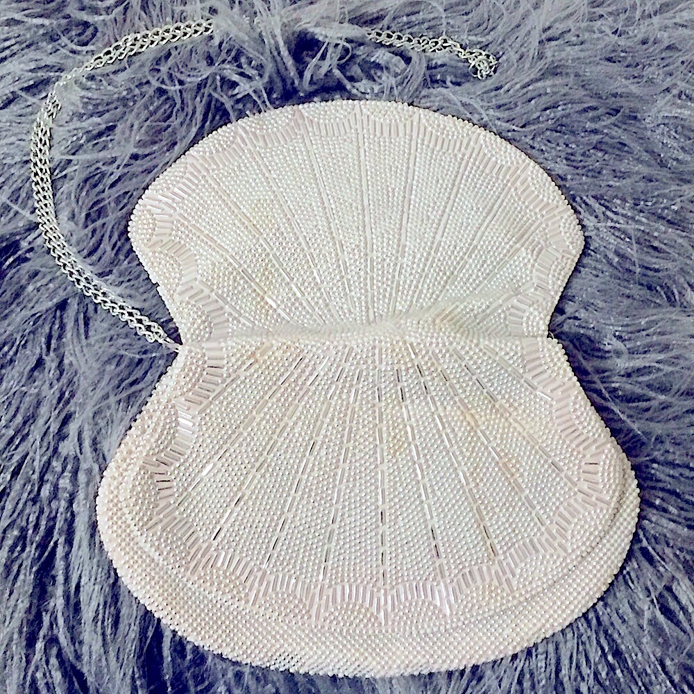 Rare VTG: Glitzy Hollywood Glamour 1940-1950’s Evening Bag Hand Beaded SeaShell - Picture 5 of 16